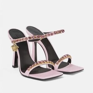 Versace NIB Medusa Pink Satin Crystal Rhinestone Square Toe Mules Heels Sandals